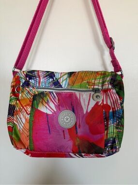 Kipling Colourful Abstract Print Crossbody Bag Pink Strap